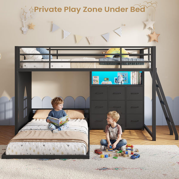 Twin Over Twin L-Shaped Low Bunk Bed with Storage & LED Lights