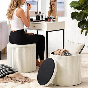 Set of 2 Round Velvet Storage Ottomans with Lid – Stackable Footstool Pouf Set
