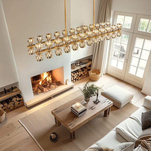 Gold K9 Crystal Rectangular Chandelier with Adjustable Height