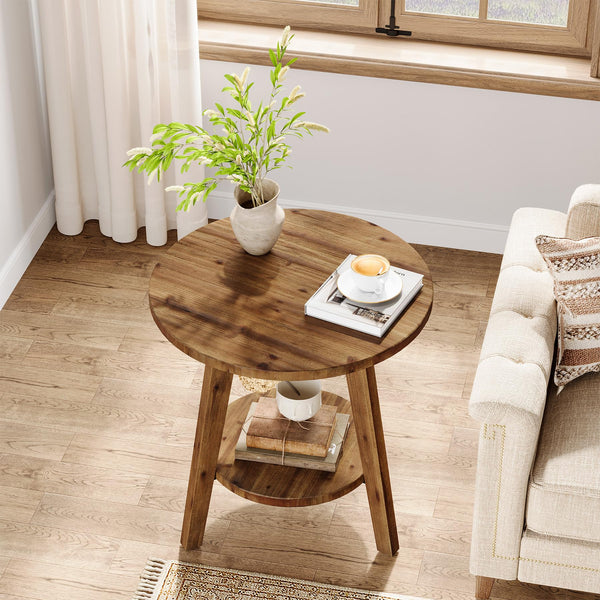 Round Wood End Table with Storage Shelf