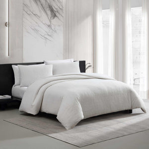 Cotton Comforter Set with Shams – Bark Texture White Grid Pattern