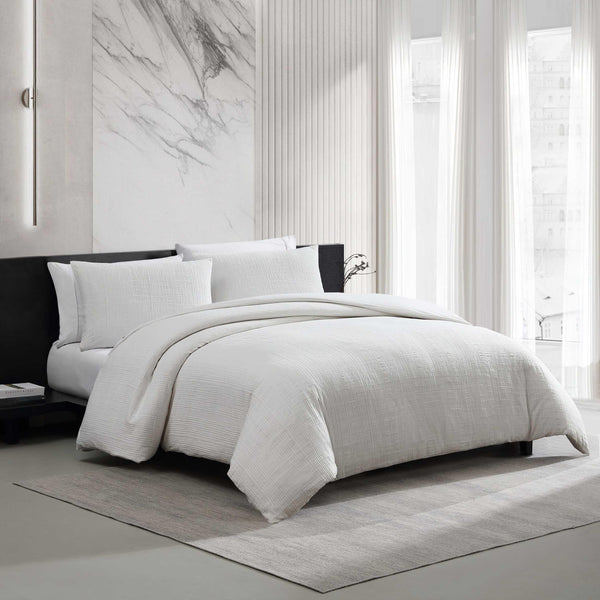 Cotton Comforter Set with Shams – Bark Texture White Grid Pattern