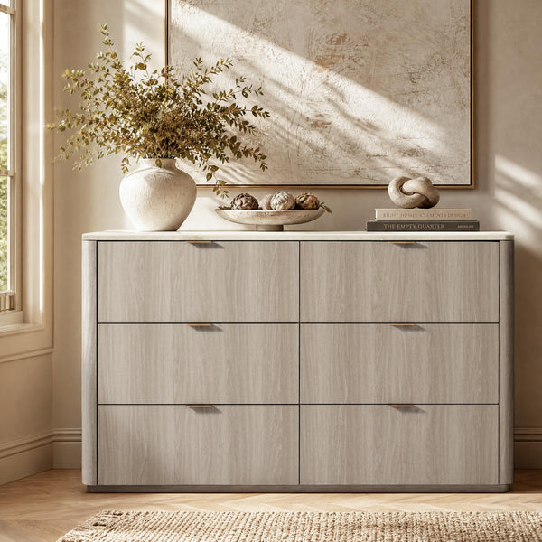 6-Drawer Bedroom Dresser with Faux Travertine Top