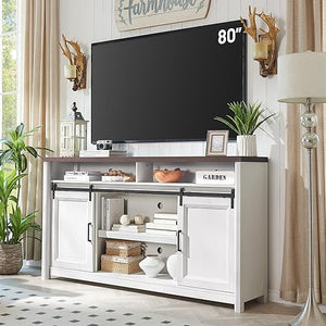 Farmhouse TV Stand with Sliding Barn Doors – Fits 80" TV