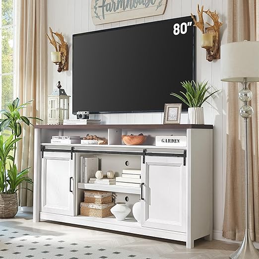 Farmhouse TV Stand with Sliding Barn Doors – Fits 80" TV