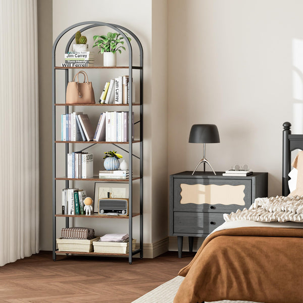 Arched Bookshelf – 5 & 6 Tier Wood and Metal Shelf Unit