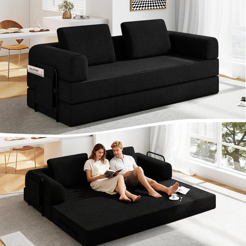 Convertible Sofa Bed with Side Pocket & Corduroy Fabric
