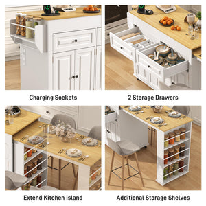 Extendable Kitchen Island Cart with Dining Table & Power Outlet