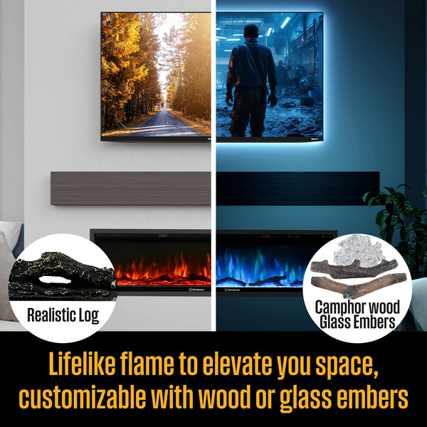 60-Inch Recessed Electric Fireplace Heater with Color Changing Flames