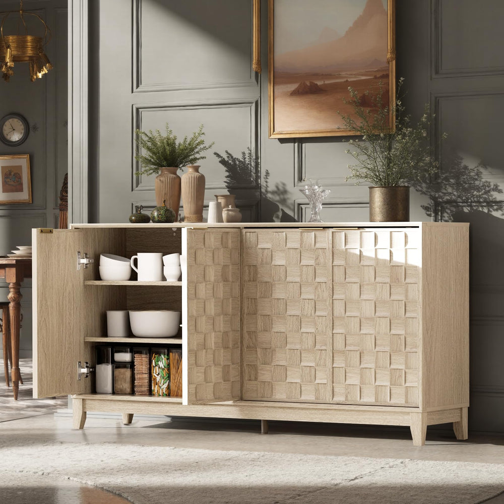 60-Inch Sideboard Buffet Cabinet with 3D Checkerboard Doors & Wood Legs