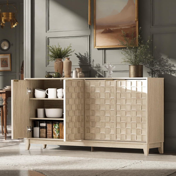60-Inch Sideboard Buffet Cabinet with 3D Checkerboard Doors & Wood Legs