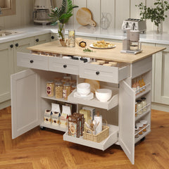 Rolling Kitchen Island with Drop Leaf Countertop & Charging Station