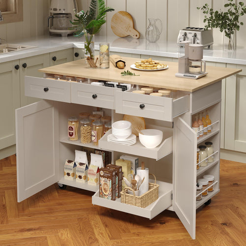 Rolling Kitchen Island with Drop Leaf Countertop & Charging Station