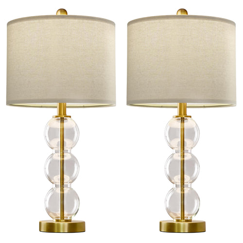 Glass Table Lamps Set of 2 with USB Charging Ports and Linen Shade