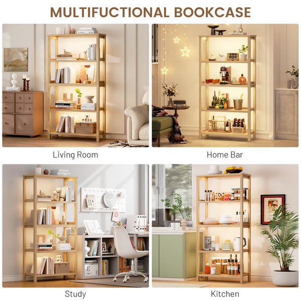 5-Tier Bookcase with LED Lighting & Open Storage Shelves