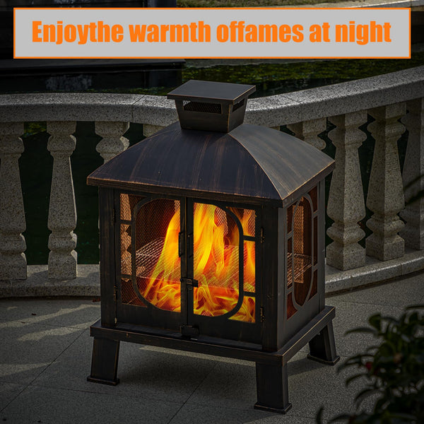 Square Metal Chiminea Fire Pit with Grill