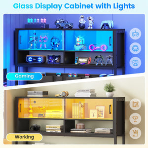 L-Shaped Gaming Desk with Bookshelf, Glass Cabinet, LED Lights, Drawers & Power Strip