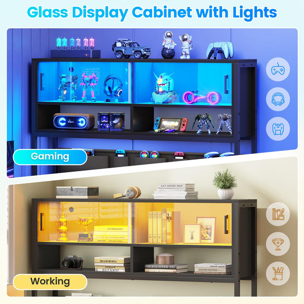 L-Shaped Gaming Desk with Bookshelf, Glass Cabinet, LED Lights, Drawers & Power Strip