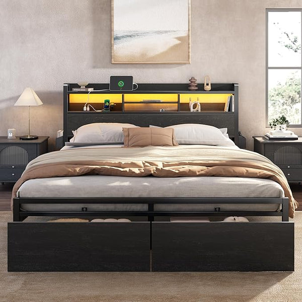 Platform Bed Frame with Storage Drawers, LED Lights & Charging Station