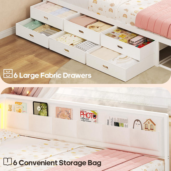 Full Corner Bed Frame with Storage Drawers, RGB Lights & L-Shaped Guardrail
