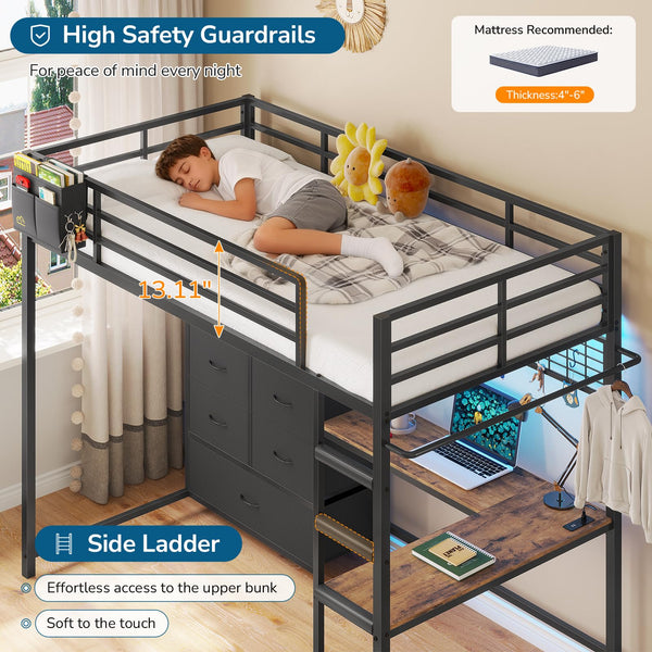 Twin Loft Bed with L-Shaped Desk & Storage Drawers