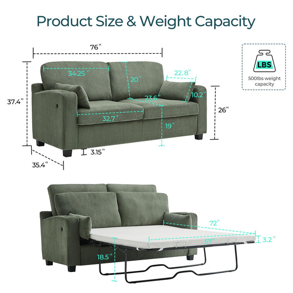 Pull Out Sofa Bed Convertible Loveseat Sleeper with Memory Foam - Queen Size