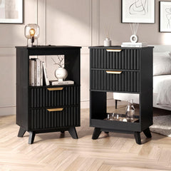 Tall Nightstand with Charging Station, Fluted Drawers & Storage Shelf