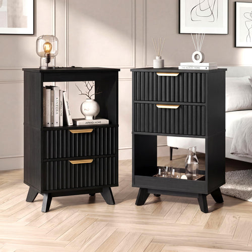 Tall Nightstand with Charging Station, Fluted Drawers & Storage Shelf