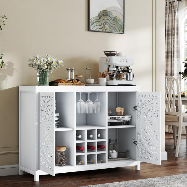 47" Wine Bar Cabinet with 2 Doors, Wine Rack, Glass Holder & Storage – White