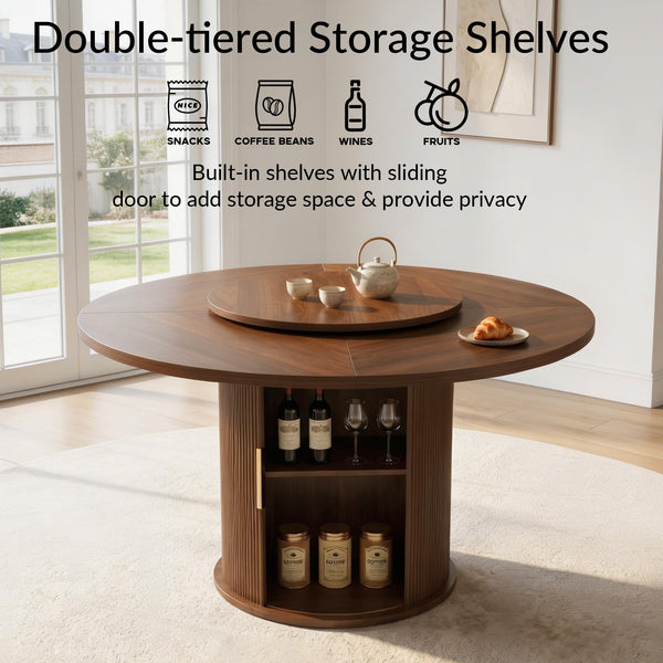 Kaelothaven 55.1 Inch Round Dining Table for 4-6, Modern Kitchen Table with Storage, Circle Dining Room Table with Wooden Pedestal Base for Living Room, Dining Room & Kitchen, Walnut