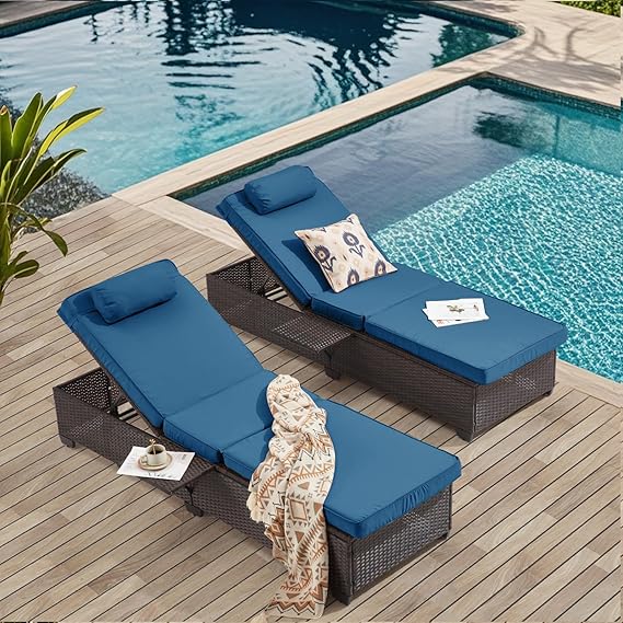 Outdoor PE Rattan Chaise Lounge Chair Set of 2 with Adjustable Backrest & Side Table
