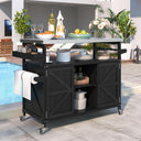 Outdoor Grill Cart with Storage, Rolling Bar Cart and Lockable Wheels, Farmhouse Solid Wood Outdoor Grill Table with Stainless Steel Top, Spice Rack, Towel Rack for Kitchen and BBQ, Grey Blue