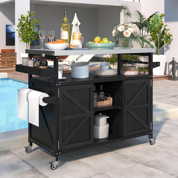 Outdoor Grill Cart with Storage, Rolling Bar Cart and Lockable Wheels, Farmhouse Solid Wood Outdoor Grill Table with Stainless Steel Top, Spice Rack, Towel Rack for Kitchen and BBQ, Grey Blue