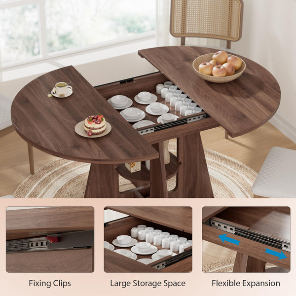 Round Extendable Dining Table with Storage Shelf — Seats 4 to 8