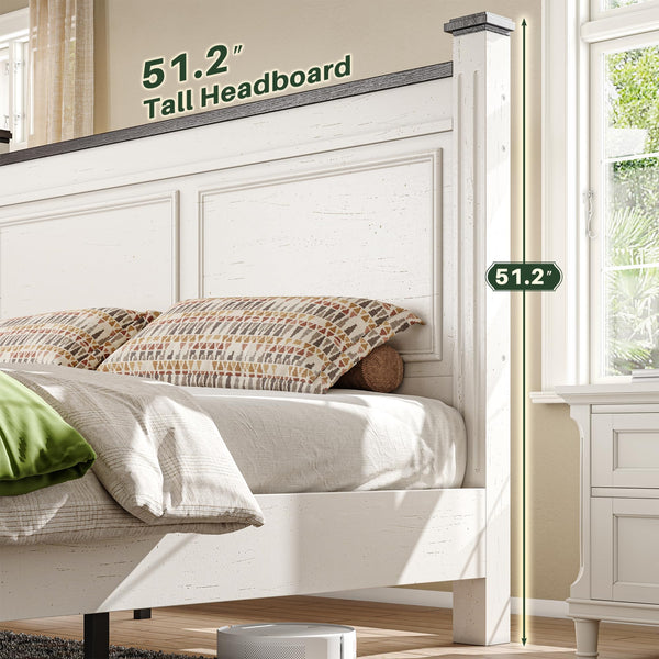 Farmhouse King Bed Frame with Storage Drawers & Headboard, White