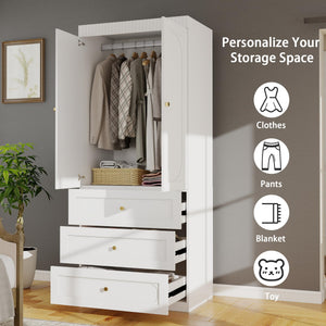 Fluted Door Wardrobe with Drawers & Hanging Rod