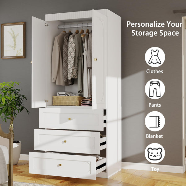 Fluted Door Wardrobe with Drawers & Hanging Rod