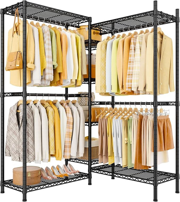 L-Shaped Corner Clothes Rack with Shelves & Hangers
