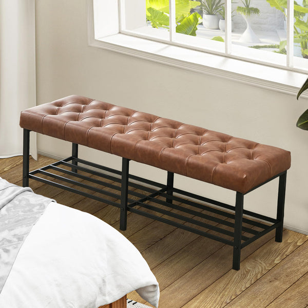 Tufted Faux Leather Storage Bench with Metal Frame