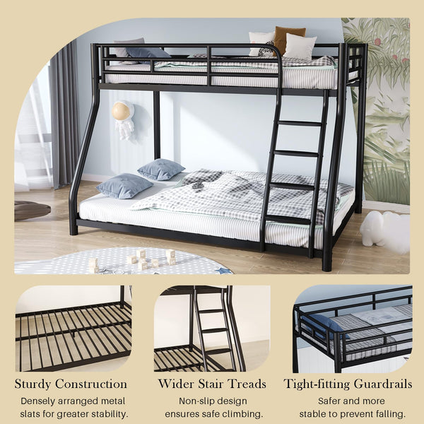 Twin Over Full Metal Bunk Bed with Safety Guardrail and Ladder