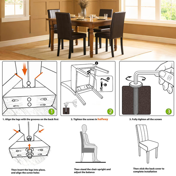 Dining Chair Set of 6 – Brown PU Leather Armless Side Chairs with Solid Wood Legs