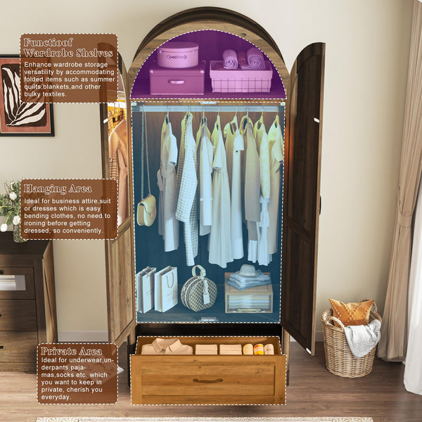 2-Door Arched Armoire Wardrobe with Mirror, Lights & Drawers