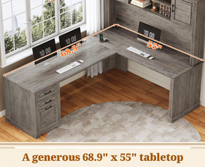 L-Shaped Executive Office Desk with Hutch, Drawers & Power Outlets – 68.9"