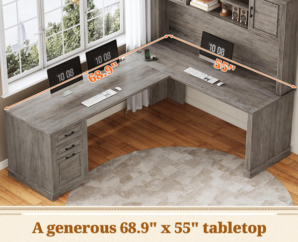 L-Shaped Executive Office Desk with Hutch, Drawers & Power Outlets – 68.9"