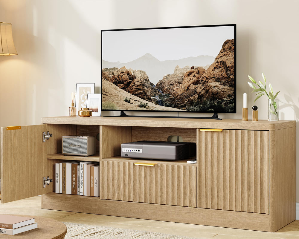 Modern Fluted TV Stand with Drawer, Cabinet & Open Shelf