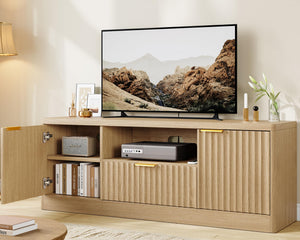 Modern Fluted TV Stand with Drawer, Cabinet & Open Shelf