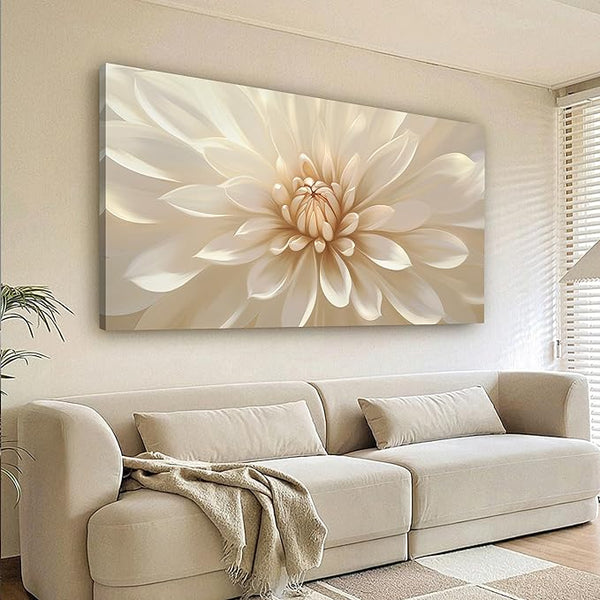 Large Floral Canvas Wall Art – White Gold Botanical Print