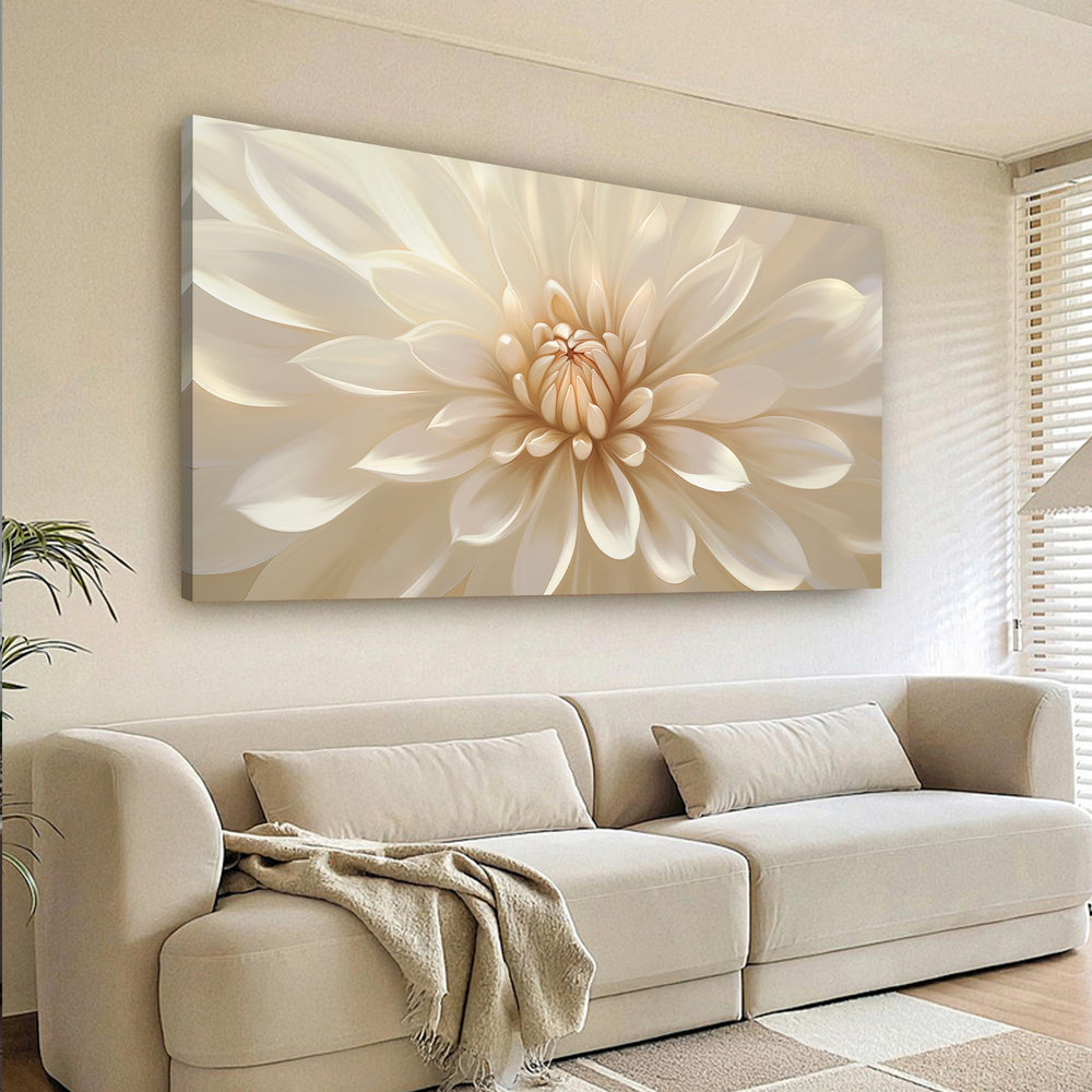 Large Floral Canvas Wall Art – White Gold Botanical Print