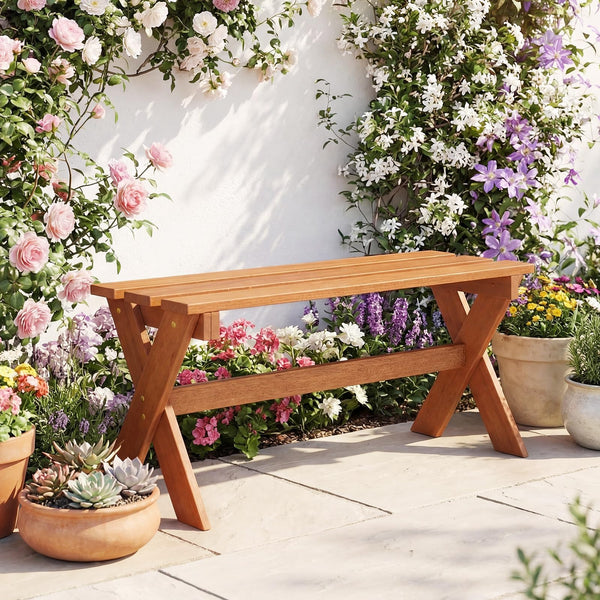 Outdoor Wood Bench – 2-Person Hardwood Patio Bench with Slatted Seat