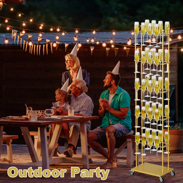 5-Tier Floor Standing Champagne Glass Rack with Wheels – 40-Glass Gold Metal Stand